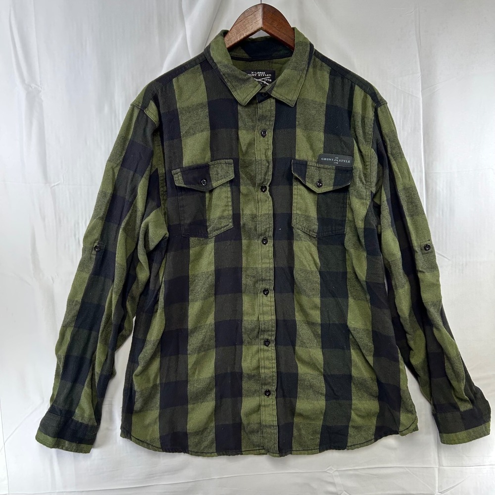 Grunt Style Flannel Shirt Mens XL (fit L) Green Black Buffalo Plaid GS4931-GR